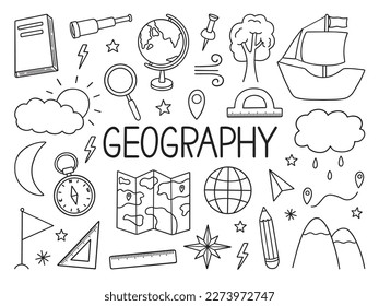 Geography doodle set. Education and study concept. map, globe, ship, compass in sketch style. Hand drawn vector illustration isolated on white background