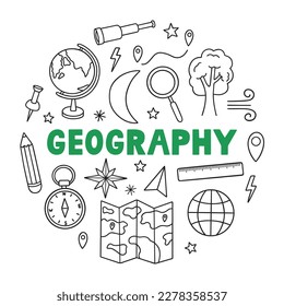 Geography doodle set. Education and study concept. map, globe, ship, compass in sketch style. Hand drawn vector illustration isolated on white background