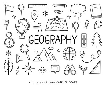 Juego de doodles geográficos. Concepto de educación y estudio. mapa, globo, brújula en forma de esbozo. Ilustración vectorial dibujada a mano aislada en fondo blanco