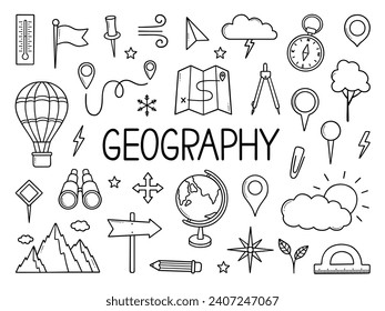 Geography doodle set. Education and study concept. map, globe, compass in sketch style. Hand drawn vector illustration isolated on white background