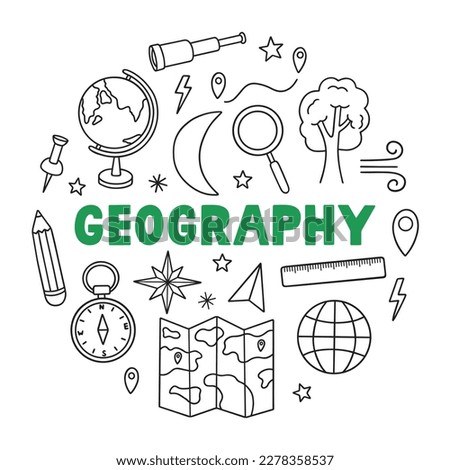 Geography doodle set. Education and study concept. map, globe, ship, compass in sketch style. Hand drawn vector illustration isolated on white background