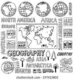 Geography doodles. Hand drawn. Vector illustration.