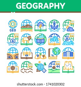 Geography Education Collection Icons Set Vector. History And Urban Geography, Climatology And Oceanology, Meteorology And Hydrology Concept Linear Pictograms. Color Illustrations