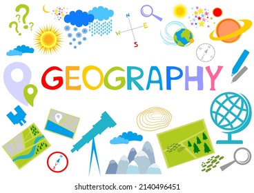 Geography. Education concept. Back to school background. Lettering. Set of geography symbols. Online lesson for pupils and students. Cartoon Vector illustration for school subject design. 
