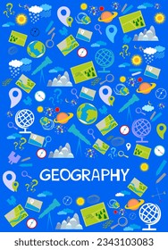Geography. Education concept. Back to school background. Lettering. Set of geography symbols. Cartoon illustration for school subject design. Online lesson for pupils and students. vector
