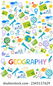 Geografía. Concepto de educación. De vuelta a la escuela. Dejando. Conjunto de símbolos geográficos. Ilustración de dibujos animados para el diseño de asignaturas escolares. Enseñanza en línea para alumnos y estudiantes. Vector