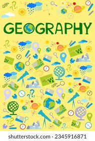 Geografie. Bildungskonzept. Zurück zum Schulhintergrund. Schreiben. Set von geografischen Symbolen. Cartoon-Illustration für Schulfachdesign. Online-Unterricht für Schüler und Studenten.