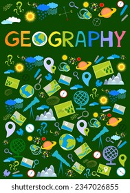 Geography. Education concept. Back to school background. Lettering. Set of geography symbols. Cartoon illustration for school subject design. Online lesson for pupils and students.