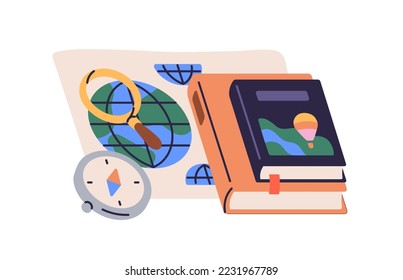 Geography education, school subject concept. Science book, atlas, compass, map for study composition. Course about Earth, cartography, navigation. Flat vector illustration isolated on white background