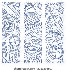 Geography educational pen doodles on grid background. School subject or scientifical project concept.