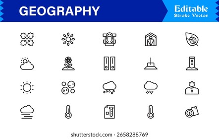 Fundamentos da geografia — Conjunto de ícones de linha profissional com símbolos editáveis mínimos, modernos e perfeitos para pixel para temas educacionais e de cartografia