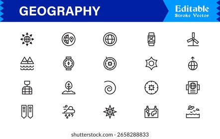 Fundamentos da geografia — Conjunto de ícones de linha profissional com símbolos editáveis mínimos, modernos e perfeitos para pixel para temas educacionais e de cartografia