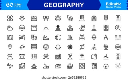 Fundamentos da geografia — Conjunto de ícones de linha profissional com símbolos editáveis mínimos, modernos e perfeitos para pixel para temas educacionais e de cartografia