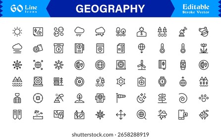 Fundamentos da geografia — Conjunto de ícones de linha profissional com símbolos editáveis mínimos, modernos e perfeitos para pixel para temas educacionais e de cartografia