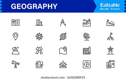 Fundamentos da geografia — Conjunto de ícones de linha profissional com símbolos editáveis mínimos, modernos e perfeitos para pixel para temas educacionais e de cartografia