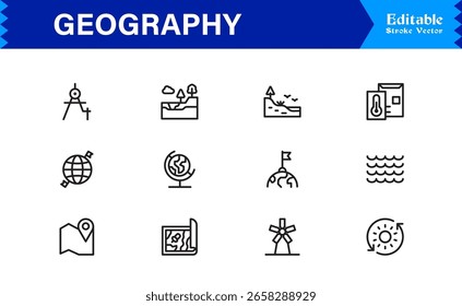 Fundamentos da geografia — Conjunto de ícones de linha profissional com símbolos editáveis mínimos, modernos e perfeitos para pixel para temas educacionais e de cartografia