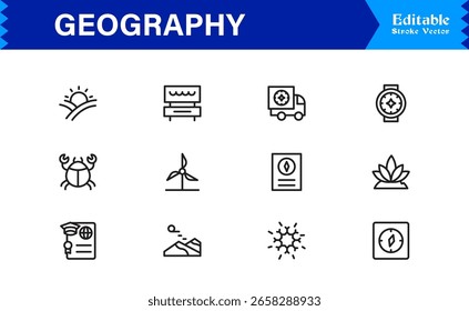 Fundamentos da geografia — Conjunto de ícones de linha profissional com símbolos editáveis mínimos, modernos e perfeitos para pixel para temas educacionais e de cartografia