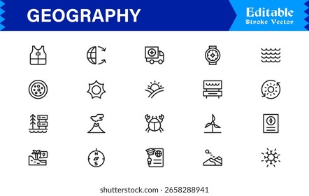 Fundamentos da geografia — Conjunto de ícones de linha profissional com símbolos editáveis mínimos, modernos e perfeitos para pixel para temas educacionais e de cartografia
