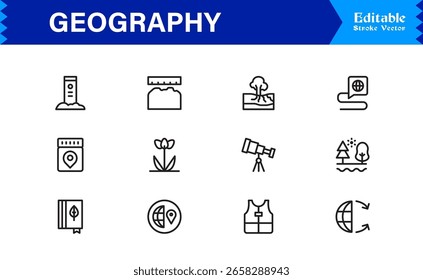 Fundamentos da geografia — Conjunto de ícones de linha profissional com símbolos editáveis mínimos, modernos e perfeitos para pixel para temas educacionais e de cartografia