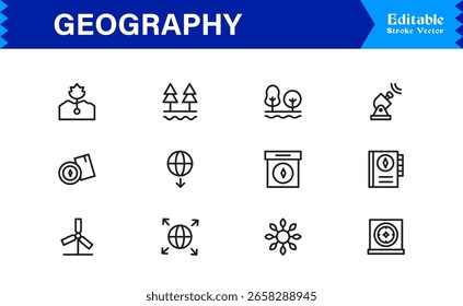 Fundamentos da geografia — Conjunto de ícones de linha profissional com símbolos editáveis mínimos, modernos e perfeitos para pixel para temas educacionais e de cartografia