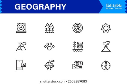 Fundamentos da geografia — Conjunto de ícones de linha profissional com símbolos editáveis mínimos, modernos e perfeitos para pixel para temas educacionais e de cartografia
