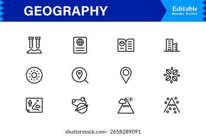 Fundamentos da geografia — Conjunto de ícones de linha profissional com símbolos editáveis mínimos, modernos e perfeitos para pixel para temas educacionais e de cartografia