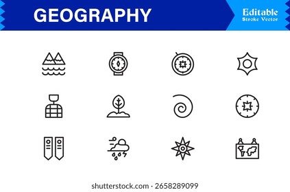 Fundamentos da geografia — Conjunto de ícones de linha profissional com símbolos editáveis mínimos, modernos e perfeitos para pixel para temas educacionais e de cartografia