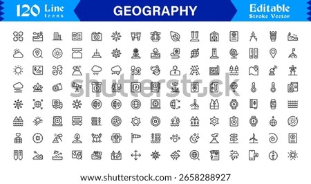 Geography Essentials — Professional Line Icon Set Featuring Minimal, Modern, Pixel-Perfect Editable Symbols for Educational and Cartography Themes