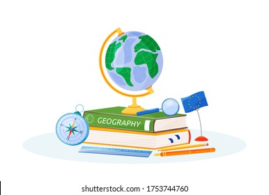 Geography flat concept vector illustration. School subject. Natural science learning metaphor. Study of earth. Student textbook, world globe and compass items 2D cartoon objects