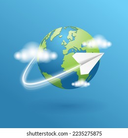 Geography globe with clouds. Realistic 3d Earth planet. World map traveling illustration. Paper plane fly. Delivery gps concept of traveling, logistic. Online international chat.