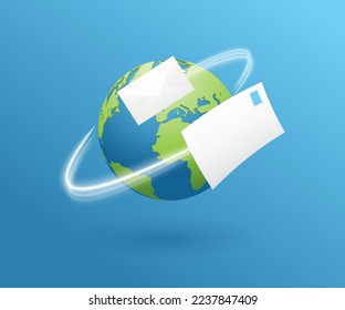 Ámbito geográfico. Planeta Tierra 3d realista. Mapa mundial de ilustraciones itinerantes. Aplicación de seguimiento de cartas de correo. Volante de correo de papel. Concepto de logística del Gps de entrega. Correspondencia de correo internacional en línea.