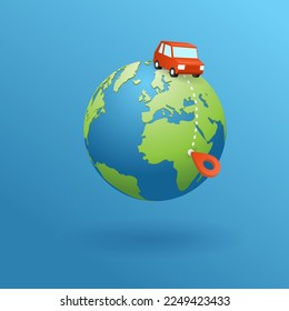 Geography globe. Time to travel. Earth planet with place mark pined. world map with dots pointer of position. Carsharing tracking app. Red car for rent. Navigation gps concept of traveling, logistic.