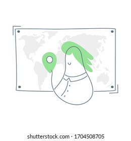 Geography, GPS, travel destination concept. Cute woman mapping location point on a world map. Flat thin line vector illustration on white background.