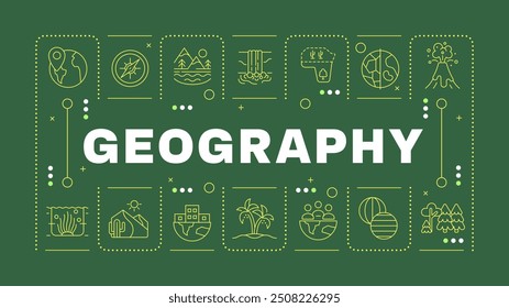 Conceito de palavra verde da geografia. Matéria escolar. Paisagens e ambiente. Mapa do mundo. Imagem vetorial horizontal. Texto do título delimitado por ícones de estrutura de tópicos editáveis