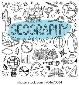 Geography hand drawn doodles. Vector back to school illustration.