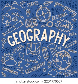 Geography. hand drawn lettering "geography" with educational doodle. School subject or scientifically project.