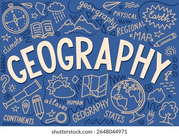 Geografia. Letras desenhadas à mão "geografia" com rabiscar educacional. Matéria escolar ou projeto científico.