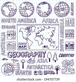 Geography. Hand drawn. Vector illustration. School notebook.