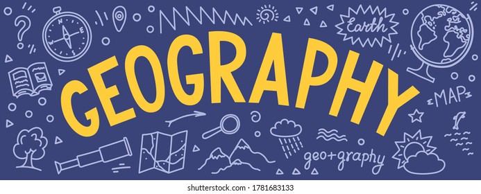 Geografie. handgezeichnetes Wort "Geografie" mit Lerndoodle. Banner für Schulfach oder wissenschaftliches Projekt.