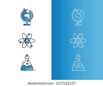 Geography icon, chemistry icon, and physics icon. Vector line icons with editable strokes.