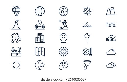 Geography icon illustrating global earth science, location mapping, and environmental study in outline style