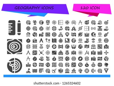  geography icon set. 120 filled geography icons. Simple modern icons about  - School, Planet earth, Maps, Earth grid, Globe, Earth globe, Map, World, Border, Windrose, Compass