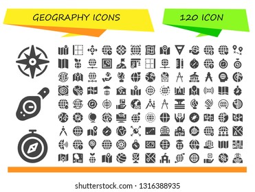 geography icon set. 120 filled geography icons.  Simple modern icons about  - Windrose, Compass, Map, Border, Destination, Earth grid, Globe, Earth, World, Earth globe, Worldwide