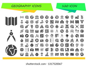 geography icon set. 120 filled geography icons.  Simple modern icons about  - Map, World, Compass, Worldwide, Earth globe, Planet, Earth grid, Planet earth, Education, Mapping