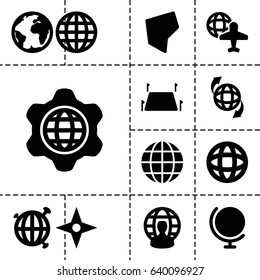 Geography icon. set of 13 filled geographyicons such as globe and plane, qround the globe, land territory, compass