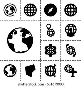 Geography icon. set of 13 filled geographyicons such as globe, globe and plane, land territory, planet