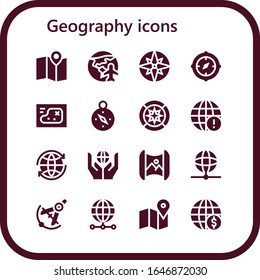 Geografie-Icon-Set. 16 gefüllte Geosymbole.  Einfache, moderne Symbole wie: Karten, Planet-Erde, Kompass, Karte, Windrose, Erdgitter, Welt, Welt, Mapping, Erde, Globus