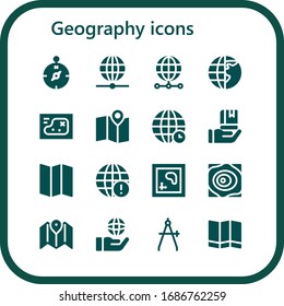 geography icon set. 16 filled geography icons.  Simple modern icons such as: Compass, Worldwide, World, Earth globe, Map, Maps, Education, Earth grid, Globe