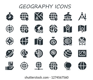  geography icon set. 30 filled geography icons. Simple modern icons about  - Compass, Earth grid, Map, World, School, Earth globe, Worldwide, Windrose, Maps, Earth, Planet, Planet earth