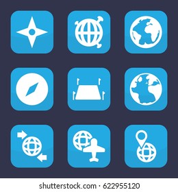 Geography icon. set of 9 filled geography icons such as globe, globe and plane, land territory, compass